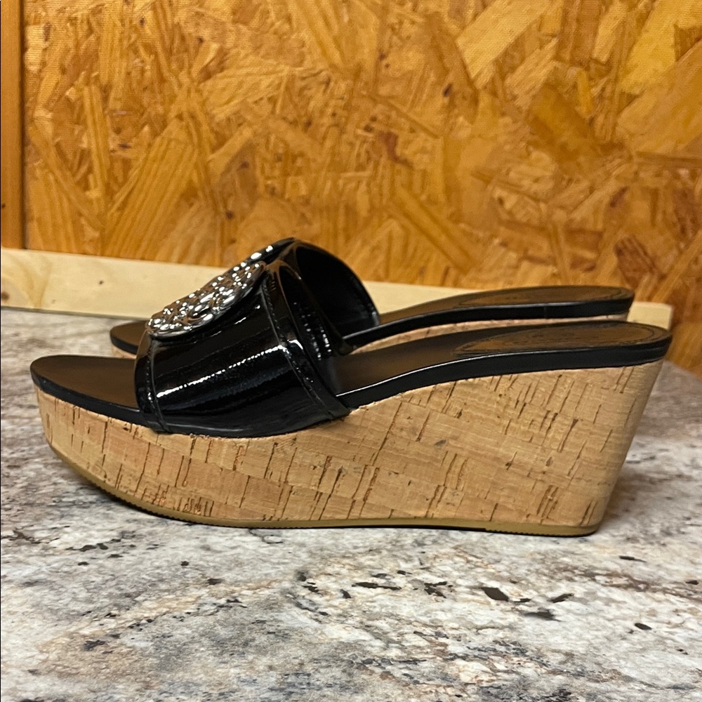 Coach Judith Black Patent Leather Cork Wedge Sandals - Picture 4 of 12